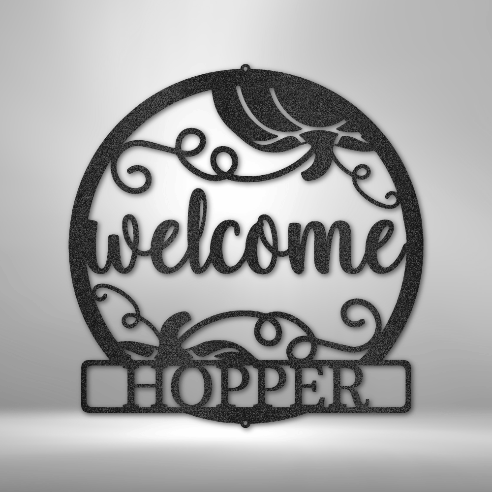 Custom Handmade Metal Wall Art Decor: A unique steel sign featuring a Welcome Fall Monogram with the word hopper on it.