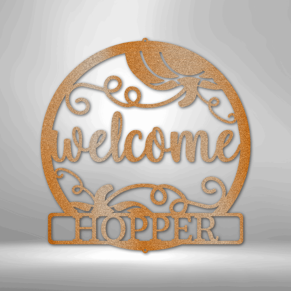 Custom Handmade Metal Wall Art Decor: A unique steel sign featuring a Welcome Fall Monogram with the word hopper on it.