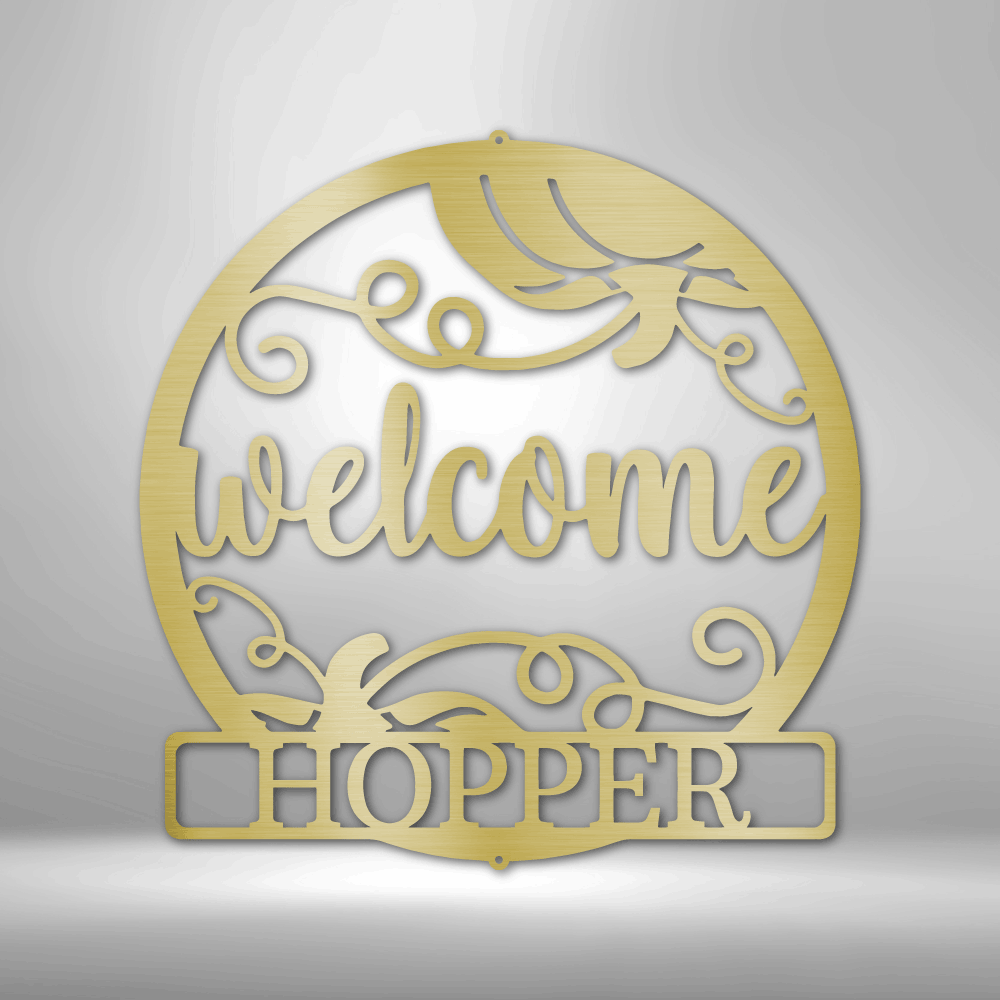 Custom Handmade Metal Wall Art Decor: A unique steel sign featuring a Welcome Fall Monogram with the word hopper on it.