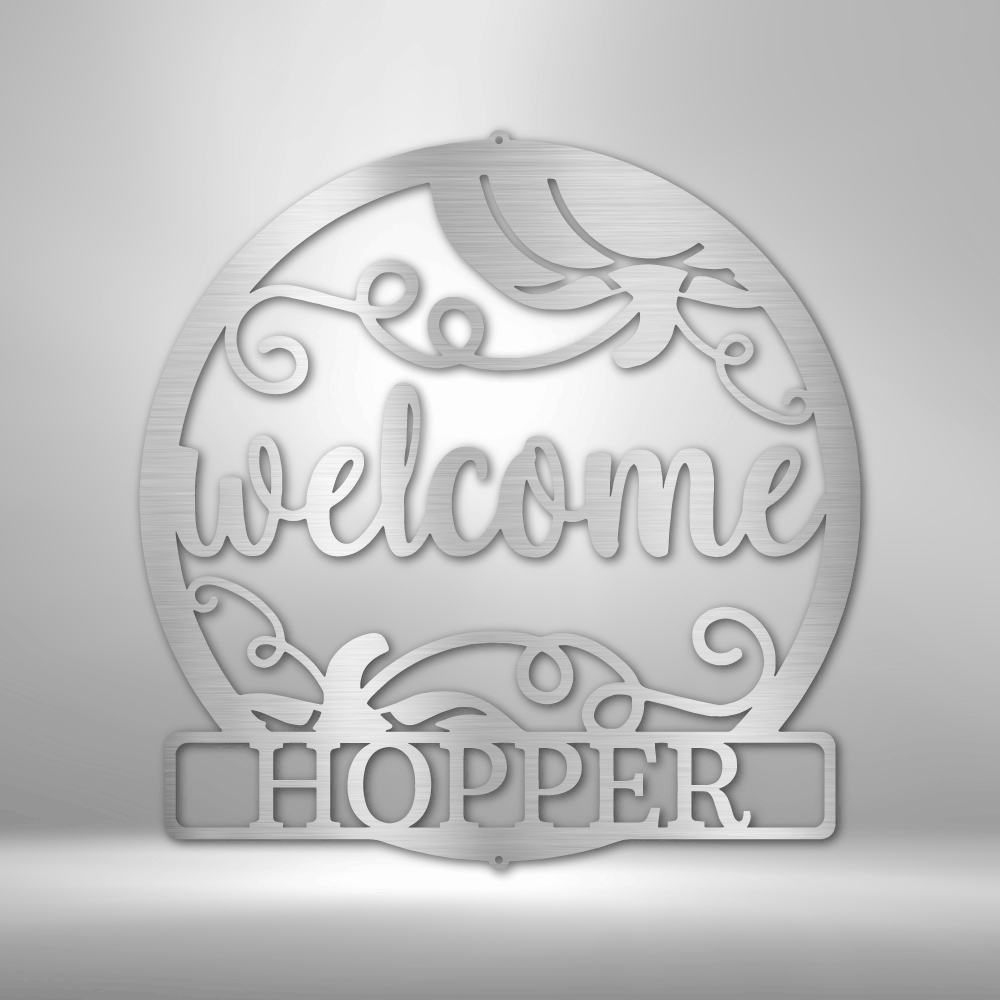 Custom Handmade Metal Wall Art Decor: A unique steel sign featuring a Welcome Fall Monogram with the word hopper on it.