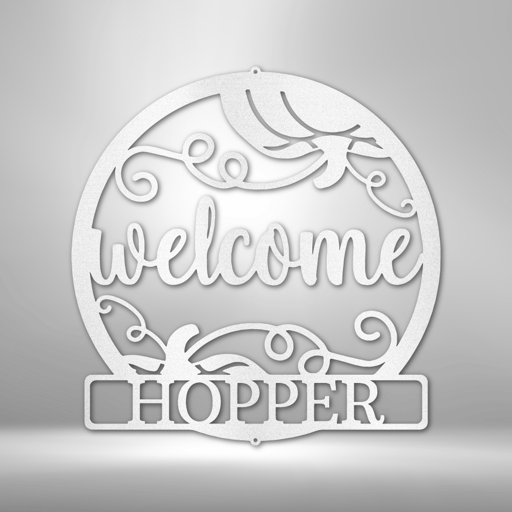 Custom Handmade Metal Wall Art Decor: A unique steel sign featuring a Welcome Fall Monogram with the word hopper on it.