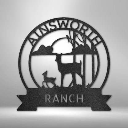 A durable and unique outdoor metal sign featuring a custom handmade design: Answorth Ranch Sun Set Monogram - Steel sign.