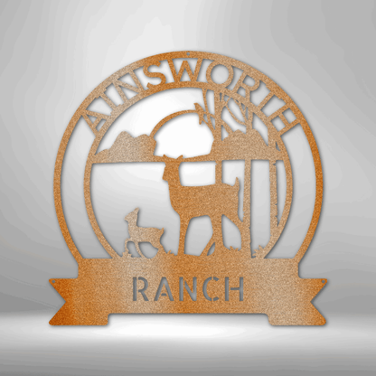 A durable and unique outdoor metal sign featuring a custom handmade design: Answorth Ranch Sun Set Monogram - Steel sign.