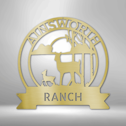 A durable and unique outdoor metal sign featuring a custom handmade design: Answorth Ranch Sun Set Monogram - Steel sign.