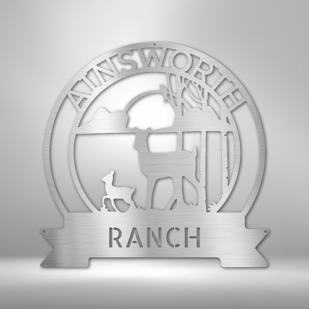 A durable and unique outdoor metal sign featuring a custom handmade design: Answorth Ranch Sun Set Monogram - Steel sign.