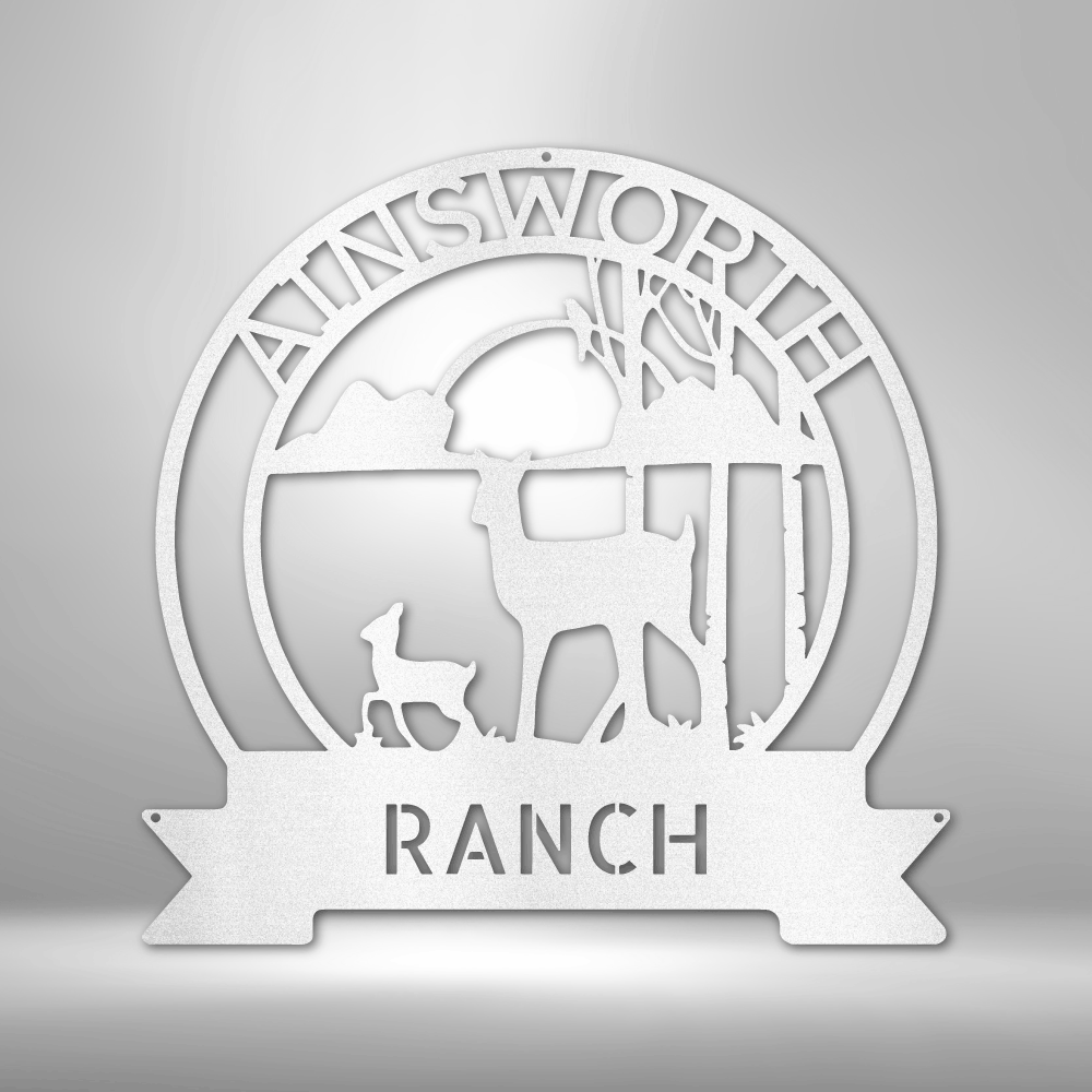 A durable and unique outdoor metal sign featuring a custom handmade design: Answorth Ranch Sun Set Monogram - Steel sign.