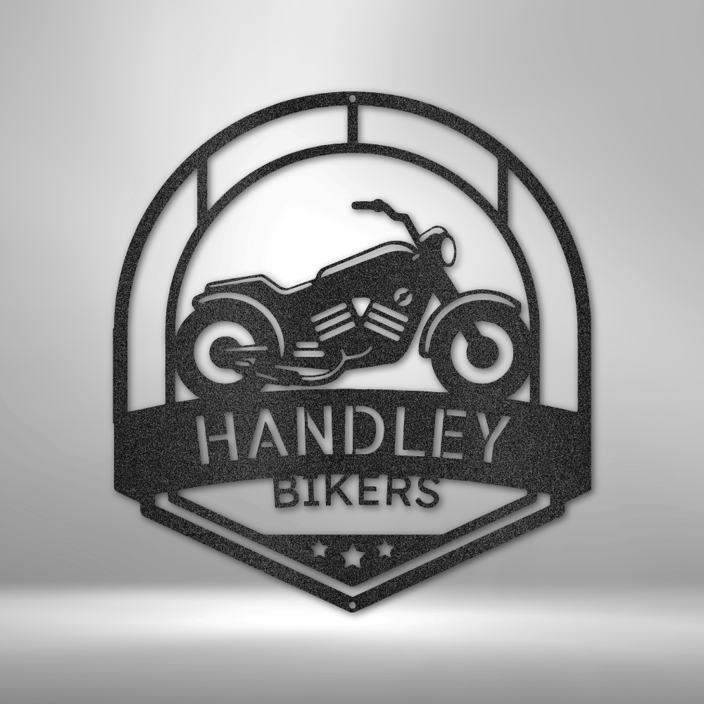 A Classic Car Steel Monogram - Steel Sign that says handley bikers on a brick wall.