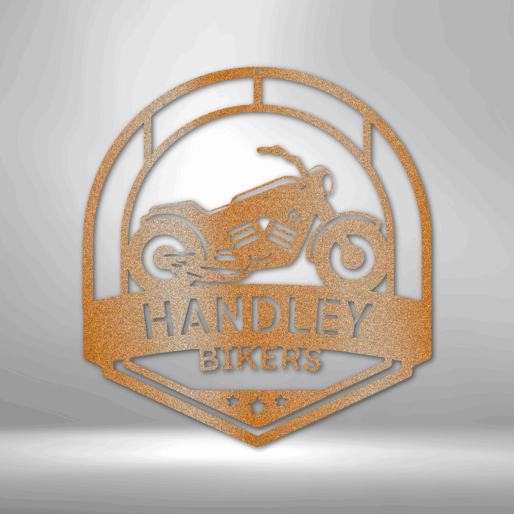 A Classic Car Steel Monogram - Steel Sign that says handley bikers on a brick wall.