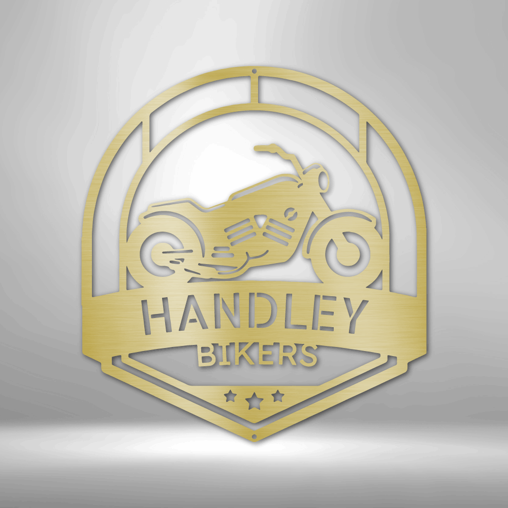 A Classic Car Steel Monogram - Steel Sign that says handley bikers on a brick wall.