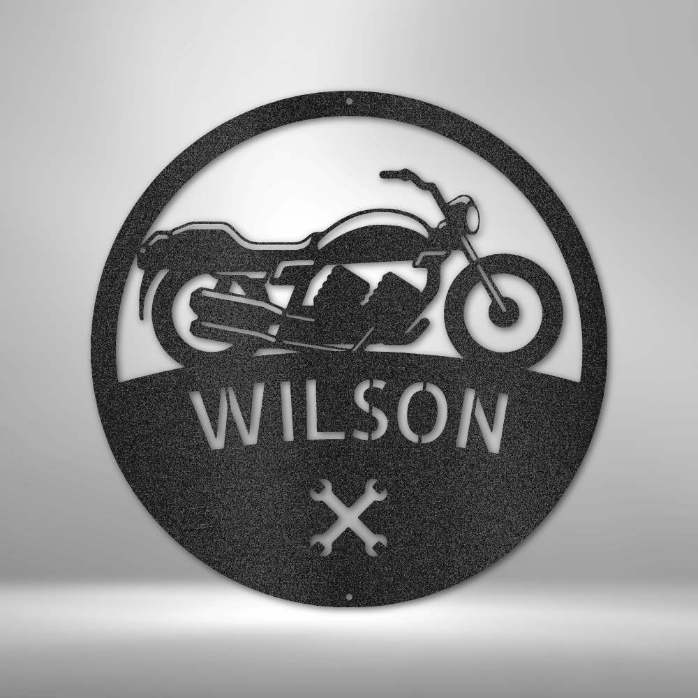 A custom metal Motorcycle Master Monogram steel sign personalized with the name wilson.