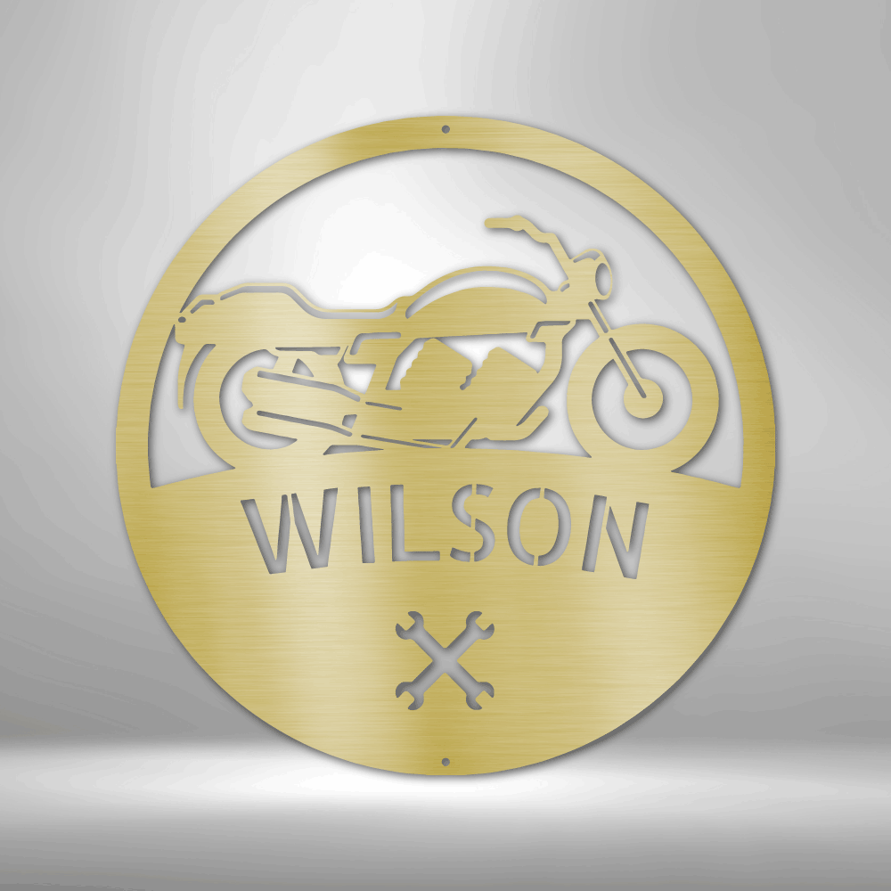 A custom metal Motorcycle Master Monogram steel sign personalized with the name wilson.