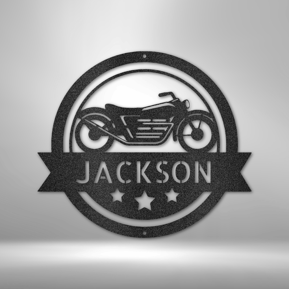 A Steel Monogram Motorcycle Specialist Sign featuring the name Jackson, perfect for Garage Decor.