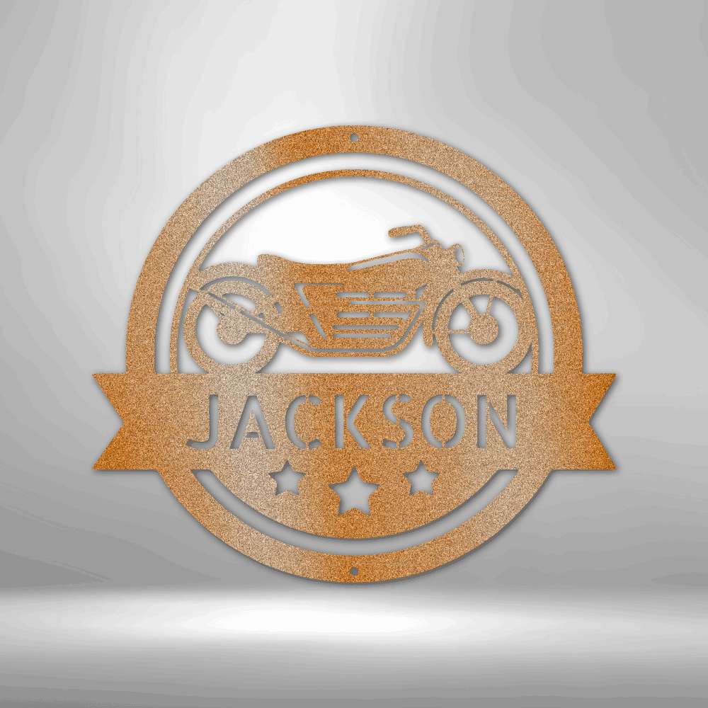 A Steel Monogram Motorcycle Specialist Sign featuring the name Jackson, perfect for Garage Decor.