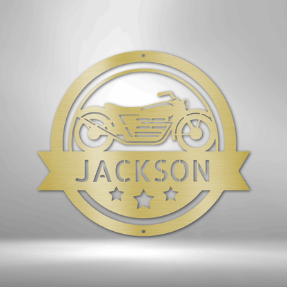 A Steel Monogram Motorcycle Specialist Sign featuring the name Jackson, perfect for Garage Decor.