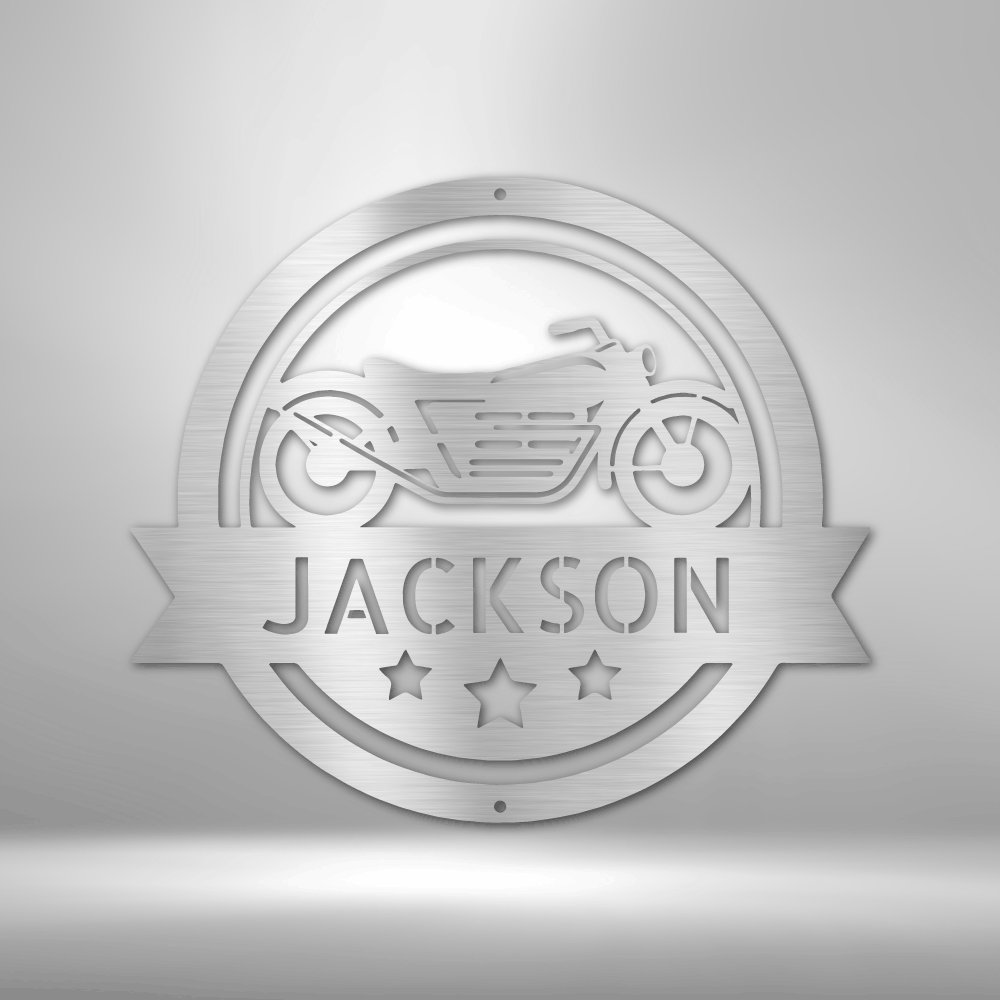 A Steel Monogram Motorcycle Specialist Sign featuring the name Jackson, perfect for Garage Decor.