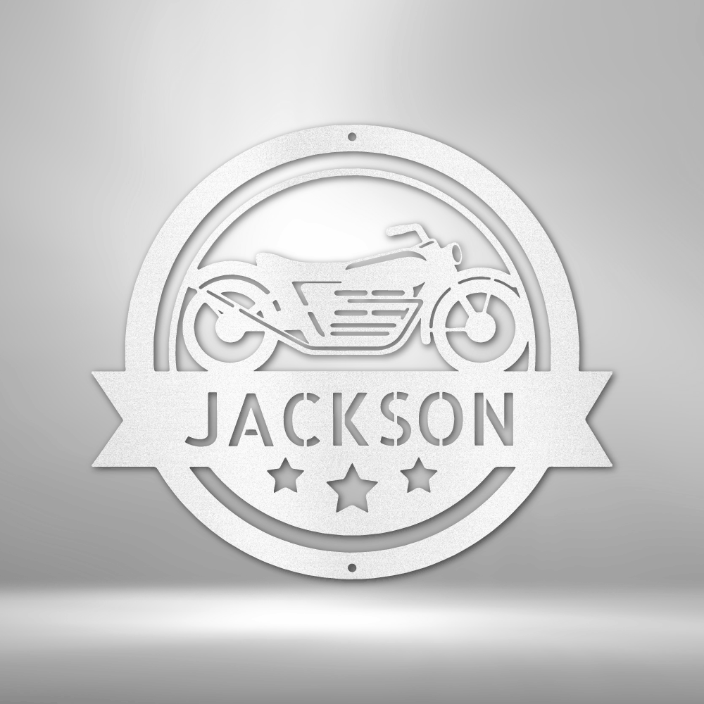 A Steel Monogram Motorcycle Specialist Sign featuring the name Jackson, perfect for Garage Decor.