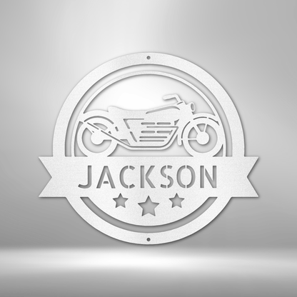 A Steel Monogram Motorcycle Specialist Sign featuring the name Jackson, perfect for Garage Decor.