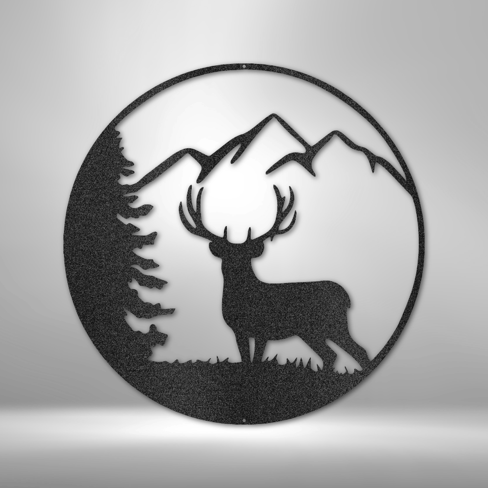 A personalized steel monogram of a graceful deer, durable for outdoor display, silhouetted in a circle on a brick wall.