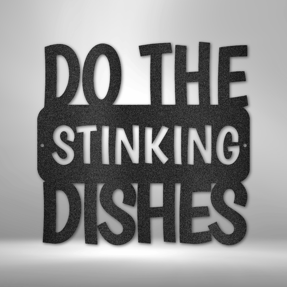 A personalized steel monogram sign, featuring a "Do the Dishes" quote, displayed on a brick wall.