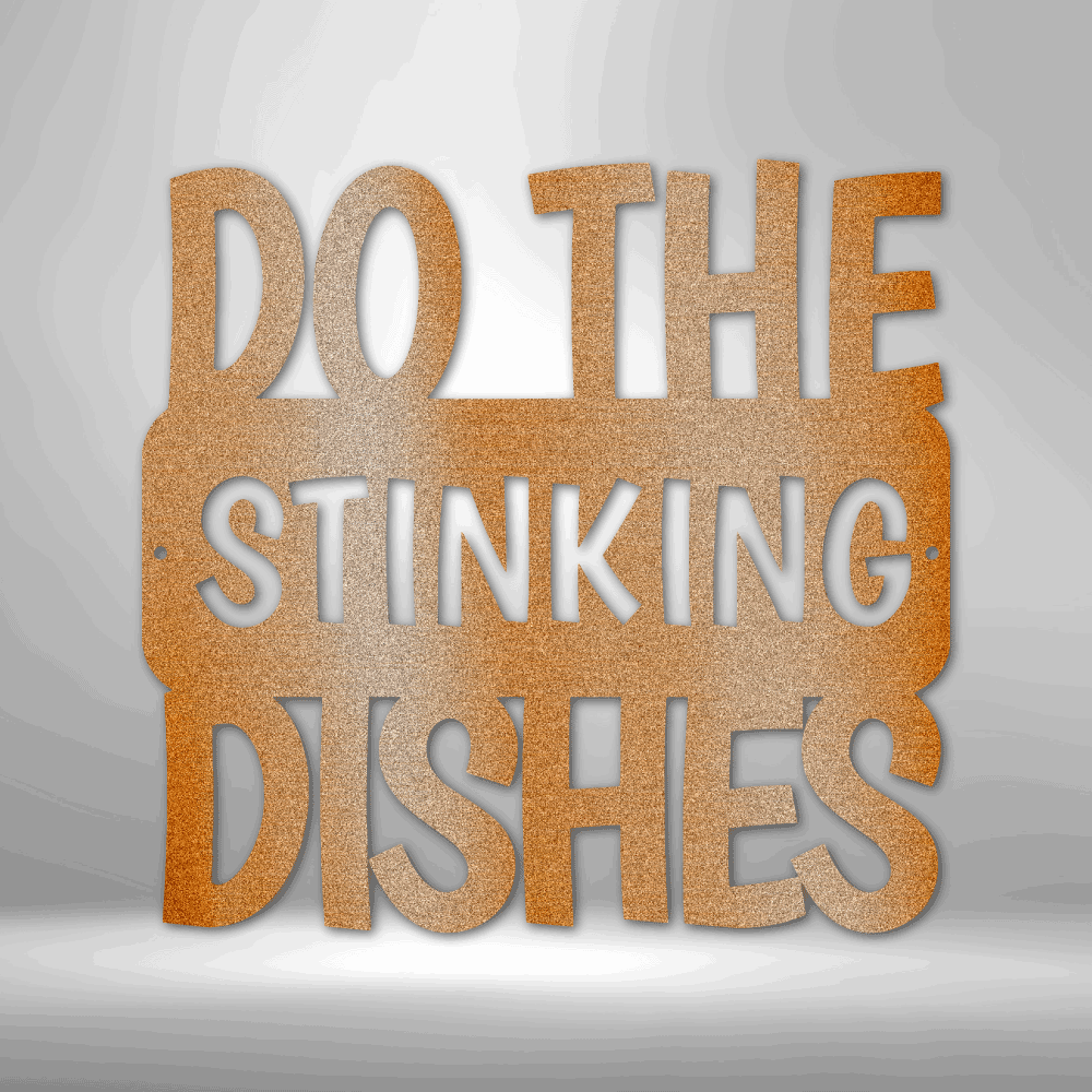 A personalized steel monogram sign, featuring a "Do the Dishes" quote, displayed on a brick wall.