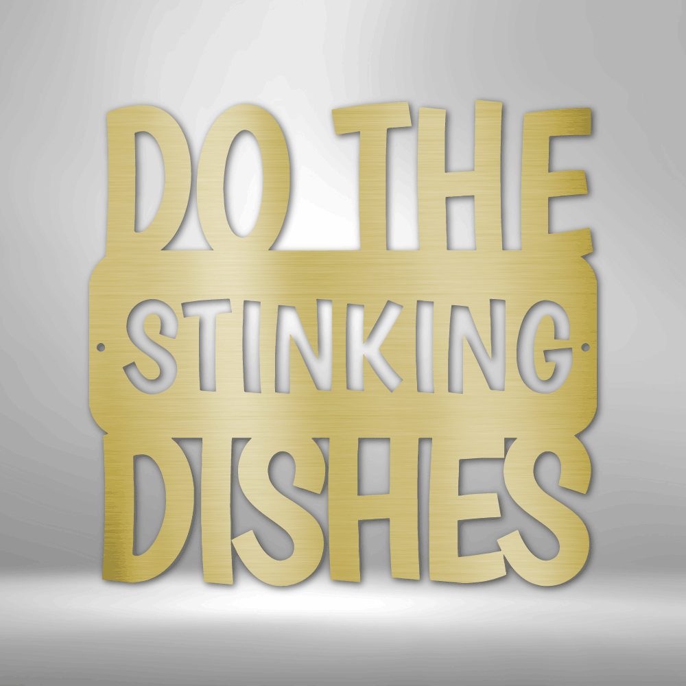 A personalized steel monogram sign, featuring a "Do the Dishes" quote, displayed on a brick wall.