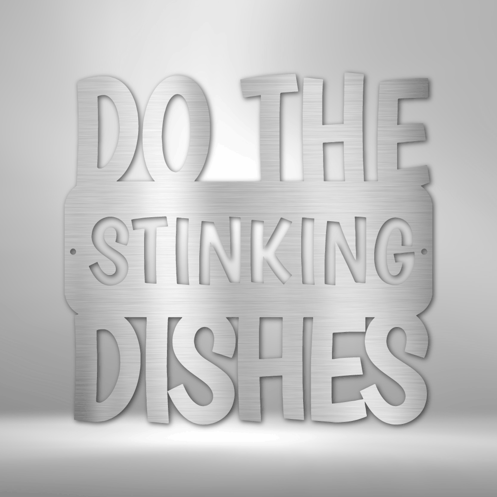 A personalized steel monogram sign, featuring a "Do the Dishes" quote, displayed on a brick wall.