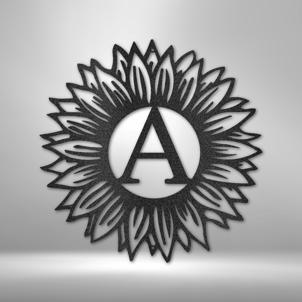 A personalized sunflower steel sign brings unique metal art decor to a brick wall.