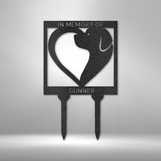 Express your love and remembrance with the Dog Love Stake - Steel Sign, featuring a beautifully laser-cut heart and dog silhouette. Inscribed with "In Memory of Gunner," this enduring tribute is crafted with precision and finished with a durable powder coating, making it an ideal piece to honor a beloved pet in your garden.