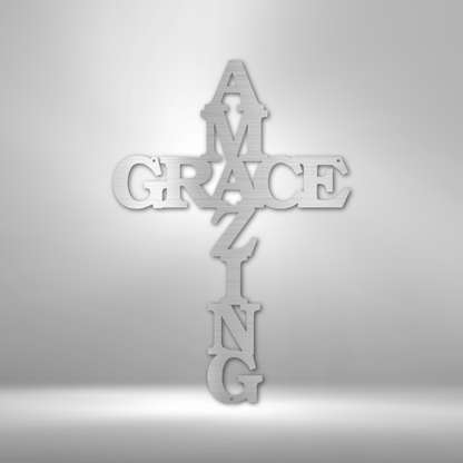 An Amazing Grace Cross - Steel Sign with a unique metal art design gracing the word grace.