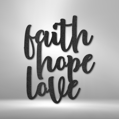 Faith hope love script lettering on a brick wall, perfect for personalized family signs and unique metal art gifts.