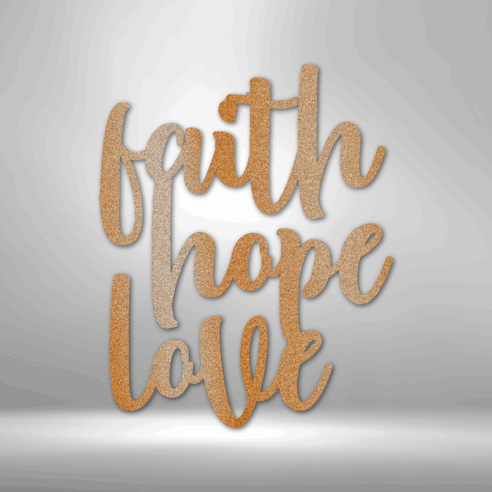 Faith hope love script lettering on a brick wall, perfect for personalized family signs and unique metal art gifts.