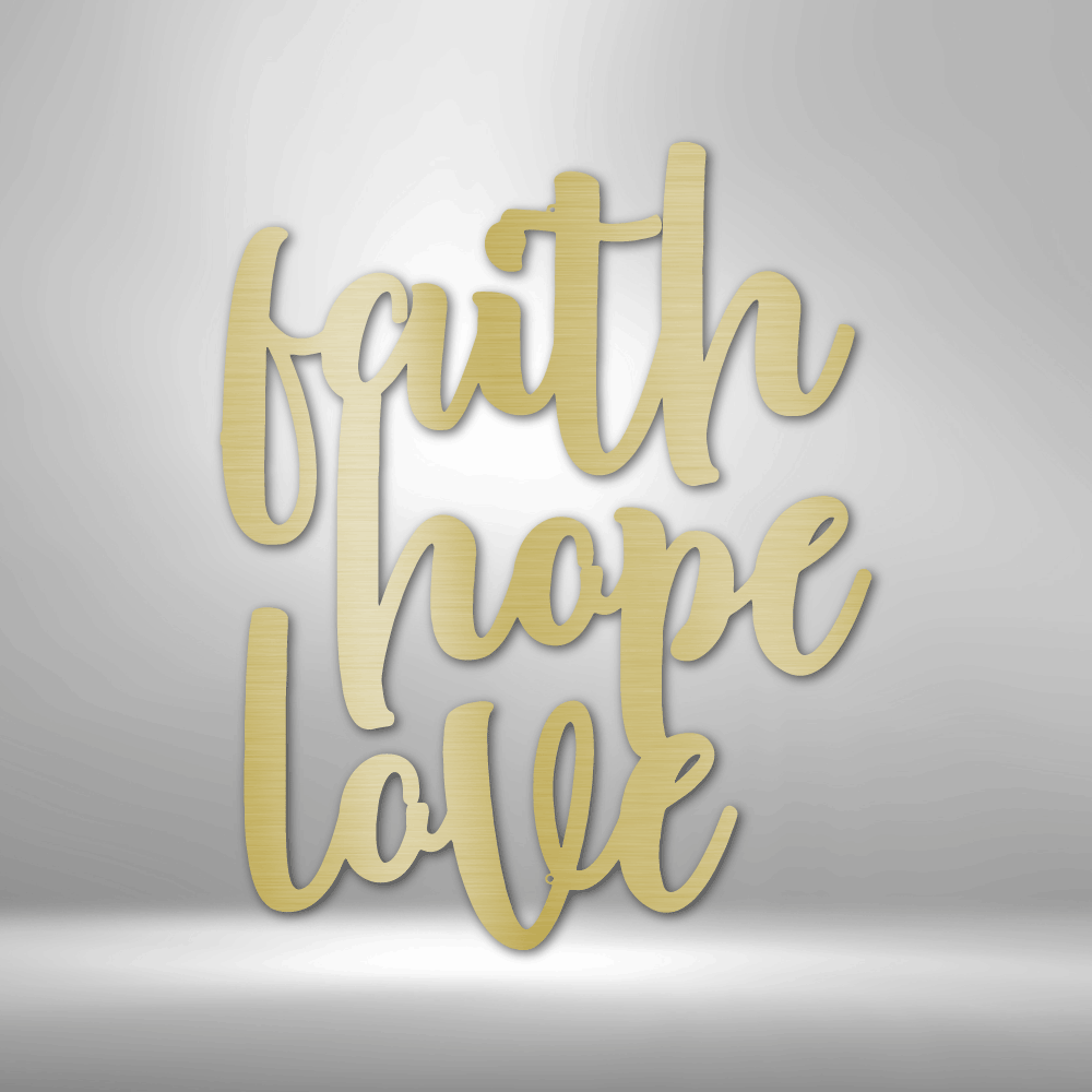 Faith hope love script lettering on a brick wall, perfect for personalized family signs and unique metal art gifts.