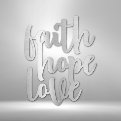 Faith hope love script lettering on a brick wall, perfect for personalized family signs and unique metal art gifts.