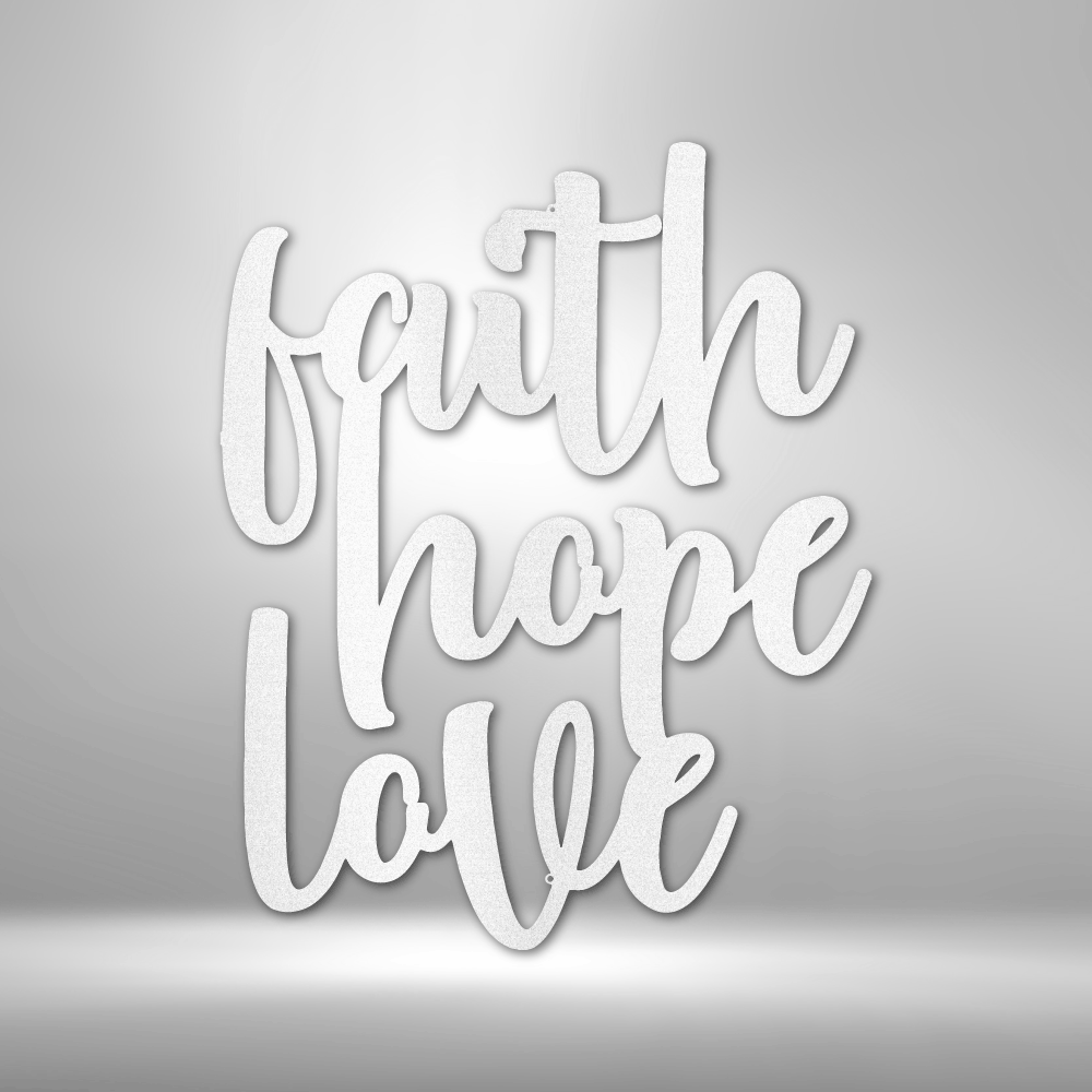 Faith hope love script lettering on a brick wall, perfect for personalized family signs and unique metal art gifts.