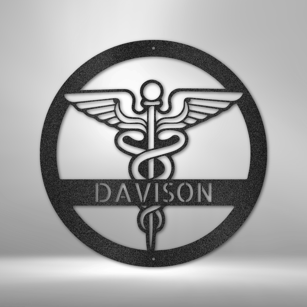 A durable metal sign, featuring a personalized nurse monogram, hanging on a brick wall.