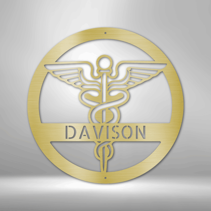 A durable metal sign, featuring a personalized nurse monogram, hanging on a brick wall.