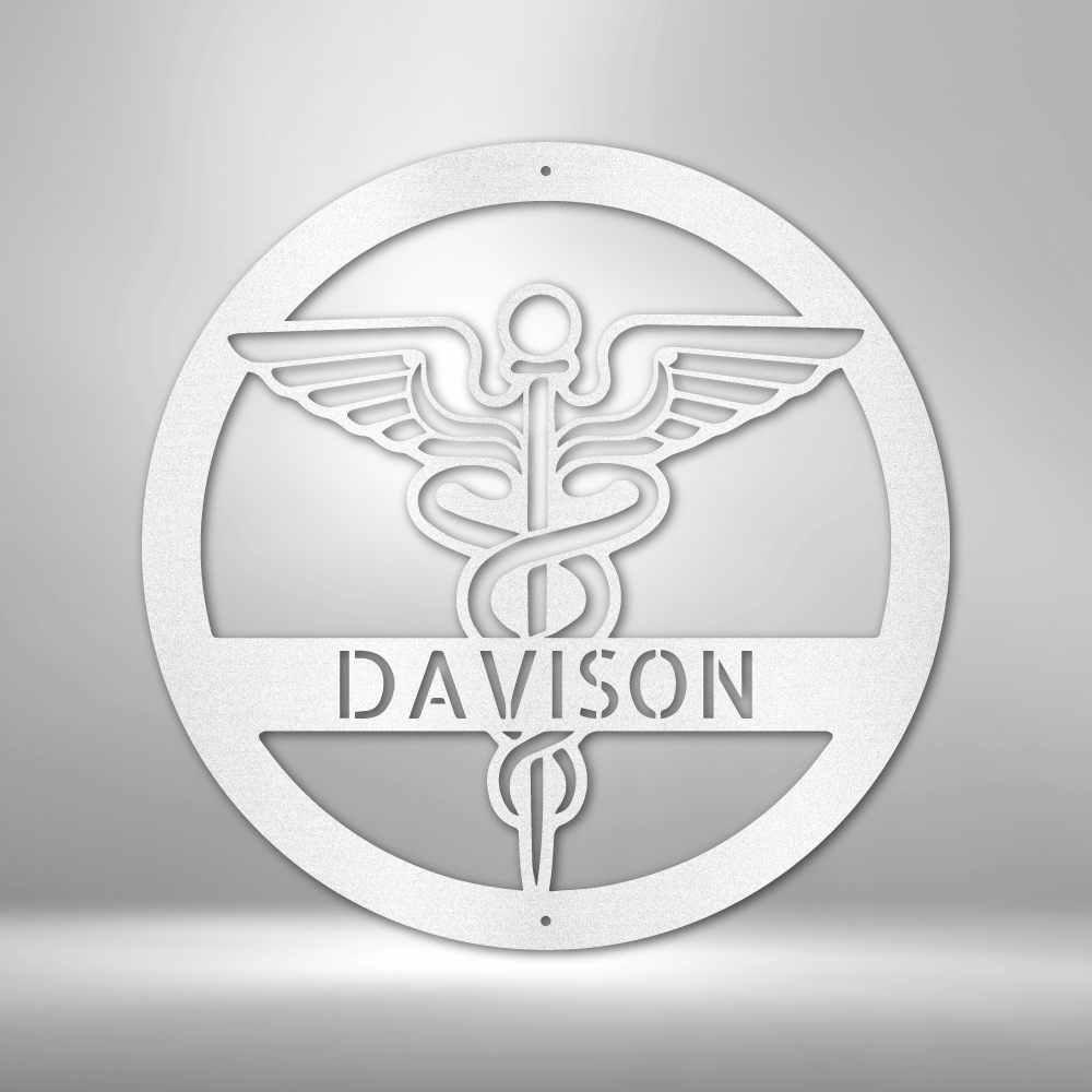 A durable metal sign, featuring a personalized nurse monogram, hanging on a brick wall.