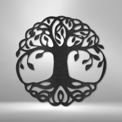 A durable steel sign depicting the classic Tree of Life, featuring custom handmade designs, hanging on a brick wall.