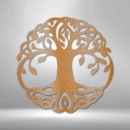 A durable steel sign depicting the classic Tree of Life, featuring custom handmade designs, hanging on a brick wall.