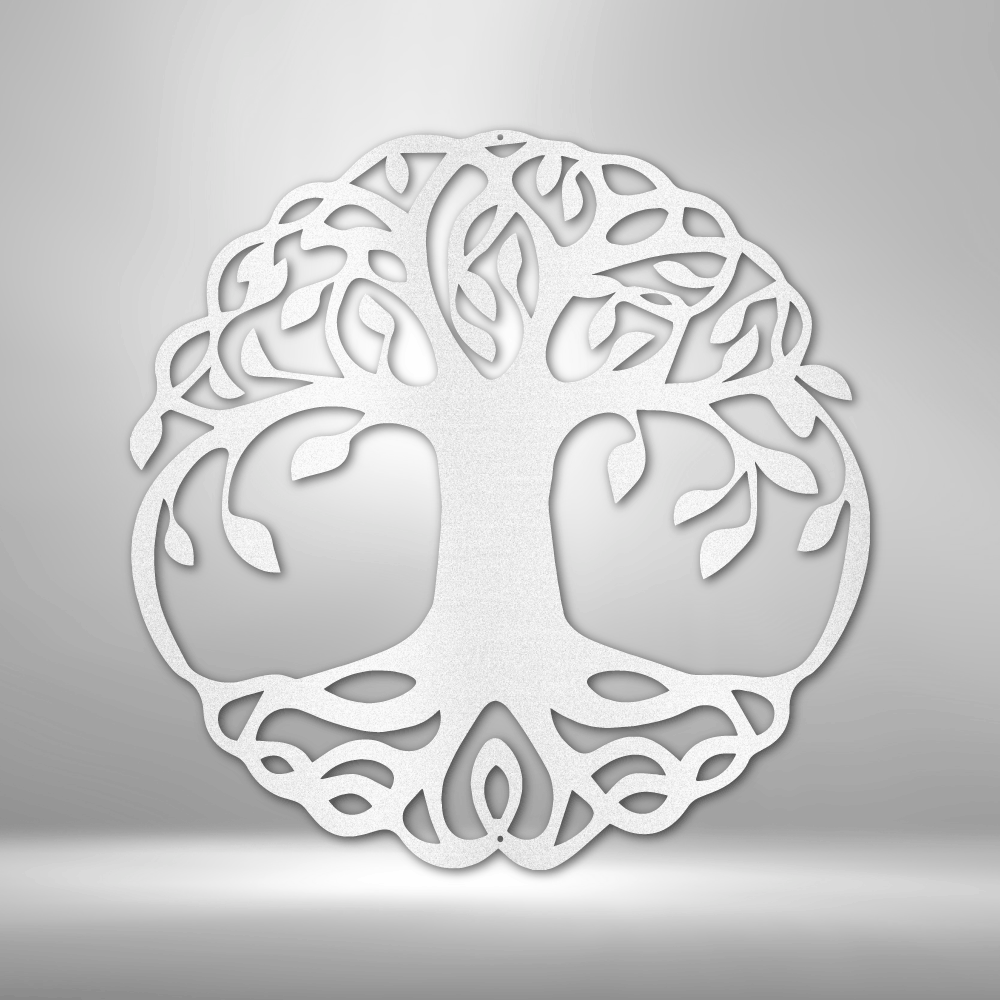 A durable steel sign depicting the classic Tree of Life, featuring custom handmade designs, hanging on a brick wall.