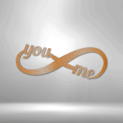 A Personalized Steel Monogram with the words you me on it.