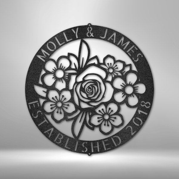 Molly & James adore the UNIQUE Personalized Floral Ring Monogram - Steel Sign from 1989 metal wall art.