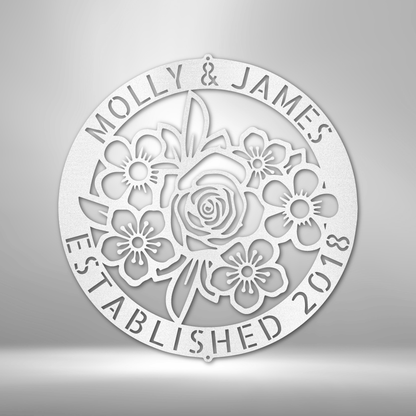 Molly & James adore the UNIQUE Personalized Floral Ring Monogram - Steel Sign from 1989 metal wall art.