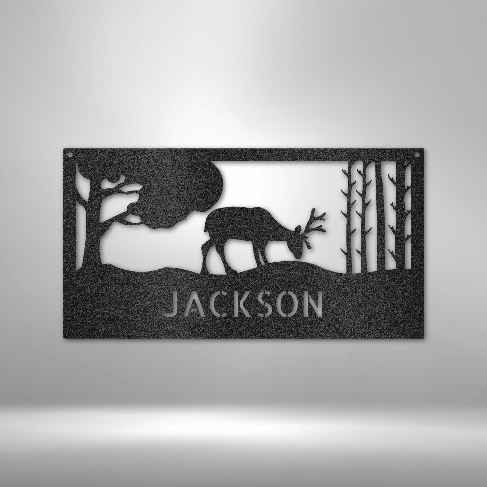 A Personalized Metal Family Wall Art with an Elegant Deer Monogram in the Woods.