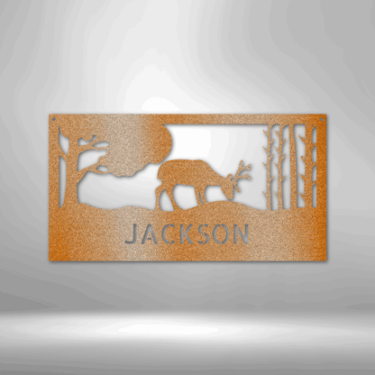 A Personalized Metal Family Wall Art with an Elegant Deer Monogram in the Woods.