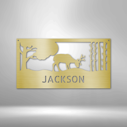 A Personalized Metal Family Wall Art with an Elegant Deer Monogram in the Woods.