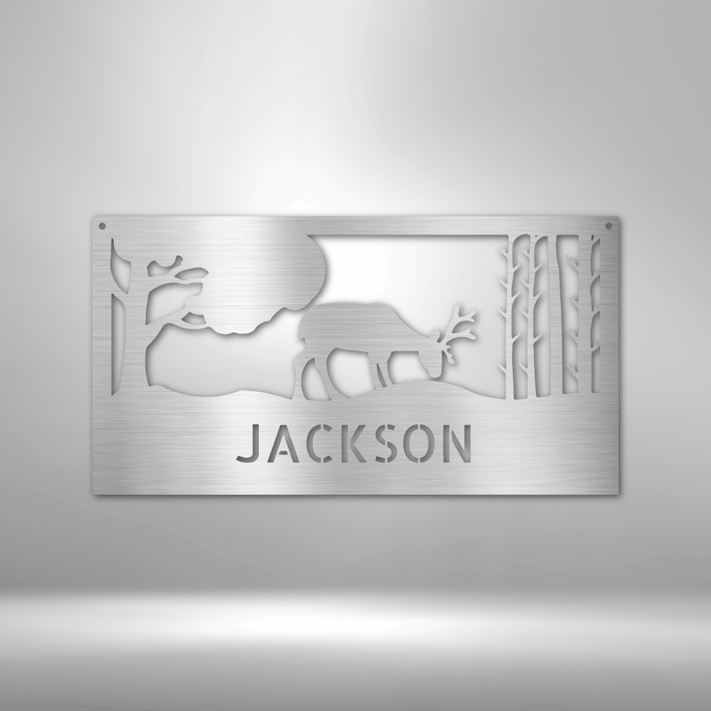 A Personalized Metal Family Wall Art with an Elegant Deer Monogram in the Woods.