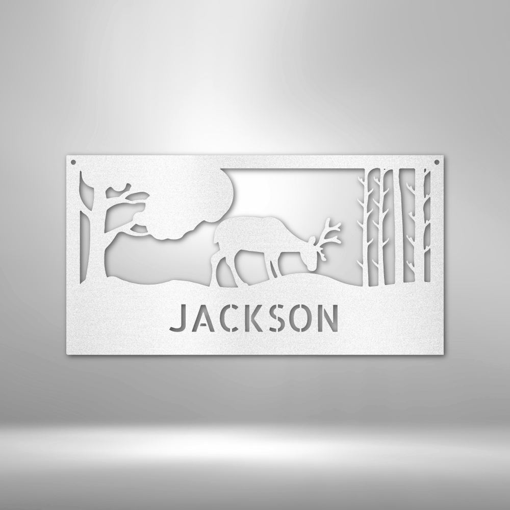 A Personalized Metal Family Wall Art with an Elegant Deer Monogram in the Woods.