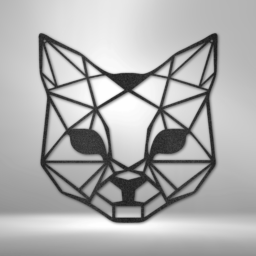 A Custom Handmade Geometric Cat - Steel Sign on a brick wall.