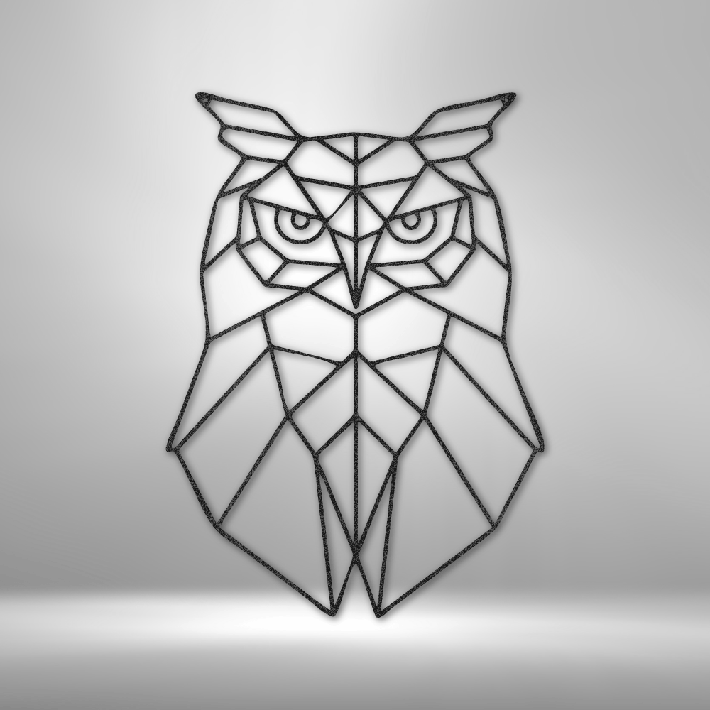 A Geometric Owl Metal Wall Art on a brick wall, perfect as a unique metal art gift.